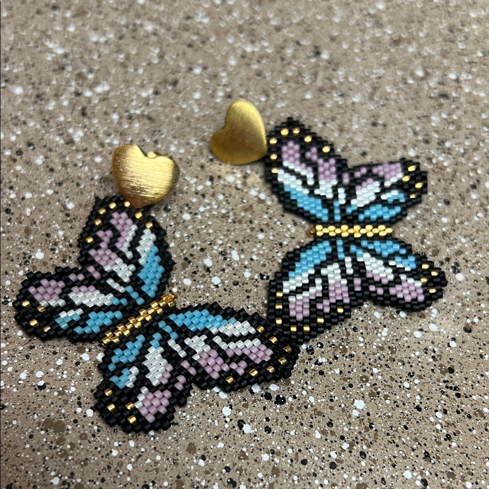 Butterfly Beaded Earrings with Gold Heart Studs